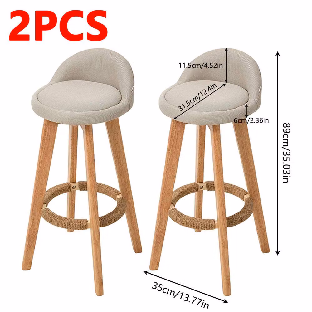 Ventryn Set of 2 Low Back Bar Stools in Beige Fabric and Wood for Kitchen Islands or Breakfast Bars – 2
