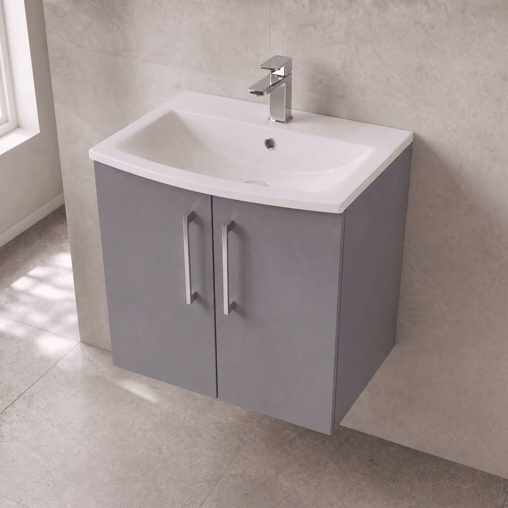 Balterley Modern Wall Hung Bathroom Vanity Unit with 2 Soft Close Doors, Satin Grey, W: 60 cm, D: 56.9 cm, H: 60 cm – 2