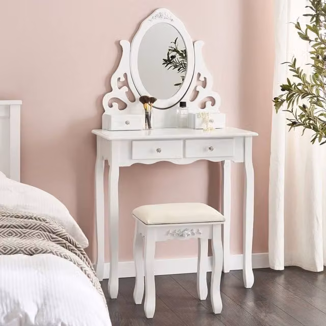Wyld and Coco Scandinavian White Dressing Table with 4 Drawers and Adjustable Mirror – 1