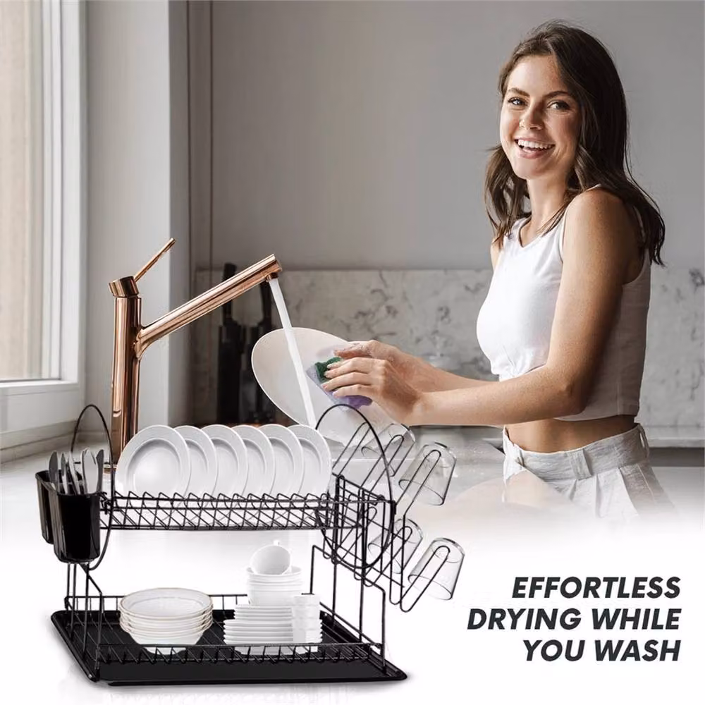 VOGREX 2 Tier Black Dish Drainer Rack with Drip Tray and Cutlery Holder – 5