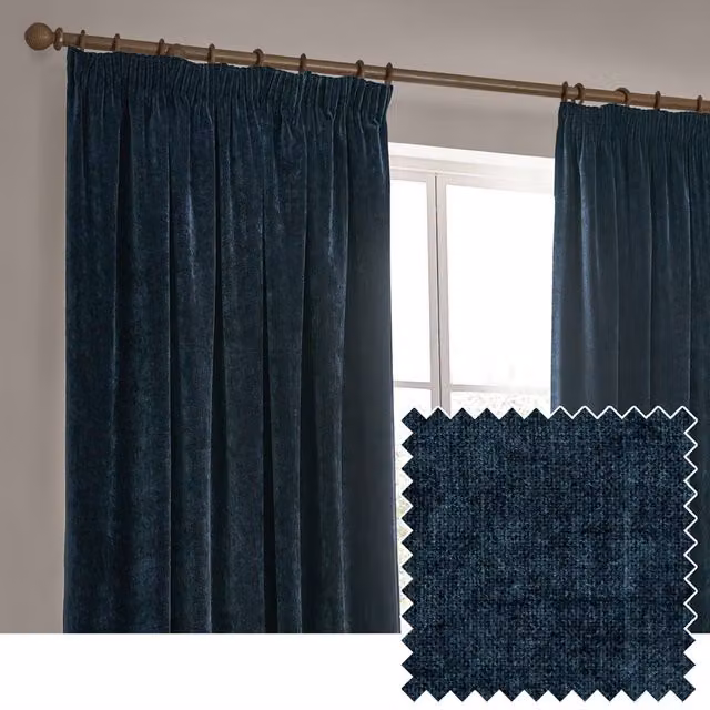 Make It A Home Navy Blue Heavy Chenille Velvet Pencil Pleat Curtains, W: 183 cm, H: 229 cm