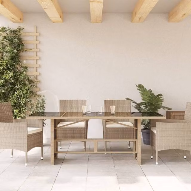 Berkfield Home Beige Poly Rattan Extendable Garden Table with Glass Top W/D/H: 190 x 80 x 75 cm