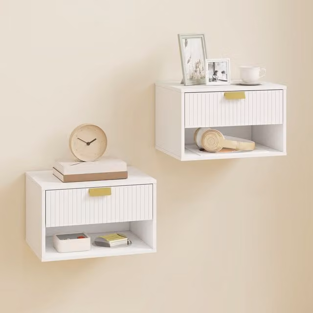 HOMCOM Set of 2 White Wall Mounted Floating Bedside Tables with Fluted Drawers and Open Shelves