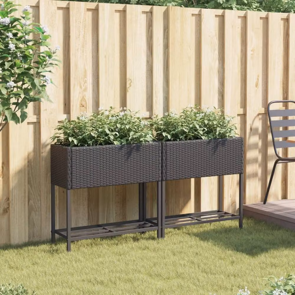 Berkfield Home Garden Planters with Shelf, 2 Piece Set, Black Poly Rattan, H 70 cm x W 70 cm x D 28 cm – 3