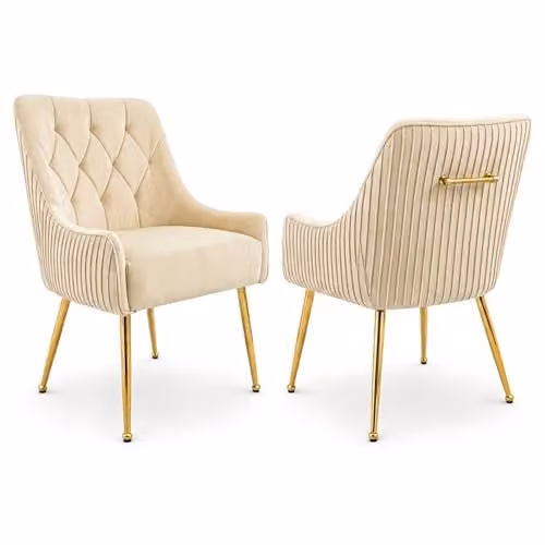 Hygrad Built to Survive Set of 2 Modern Upholstered Velvet Dining Chairs with Gold Metal Legs in Cream – 1
