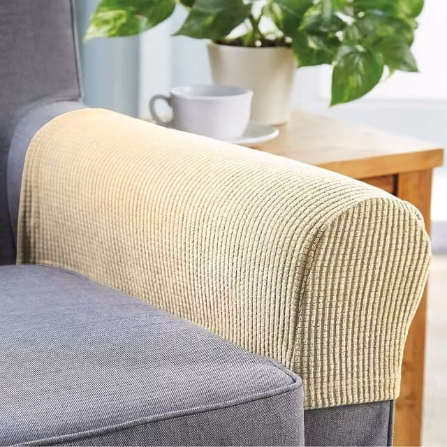 Coopers of Stortford Pair of Stretch Armchair Armrest Slipcovers in Beige Polyester and Elastane, W: 52 cm, H: 18 cm