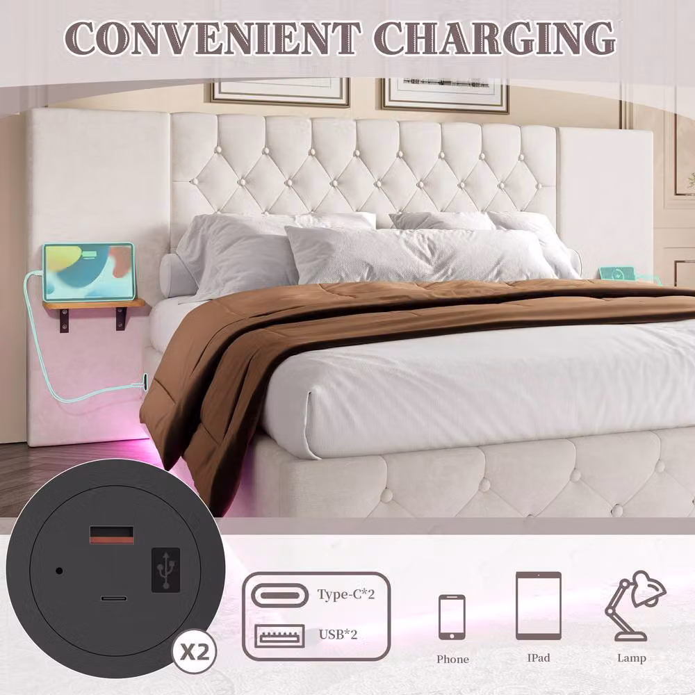 Matteo Modern Upholstered Velvet Bed Frame in Beige with LED Lighting, USB Charging Port and Lift-Up Storage, W: 140 cm, L: 200 cm – 4
