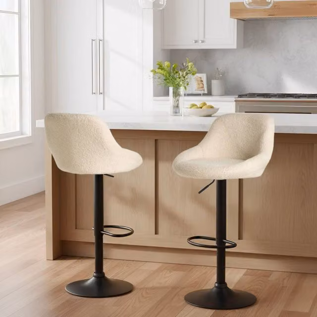 Wyld and Coco Set of 2 Adjustable Boucle Bar Stools in Light Beige with Black Powder Coated Metal Legs