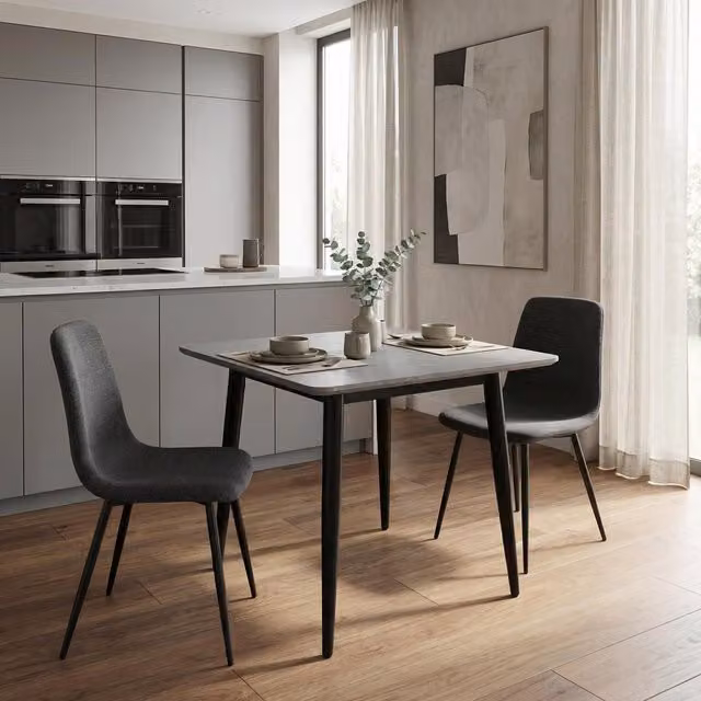 FWStyle Modern Square Dining Table with Grey Marble Effect Sintered Stone Top and Sand Blasted Legs W/D/H: 70 x 70 x 70 cm