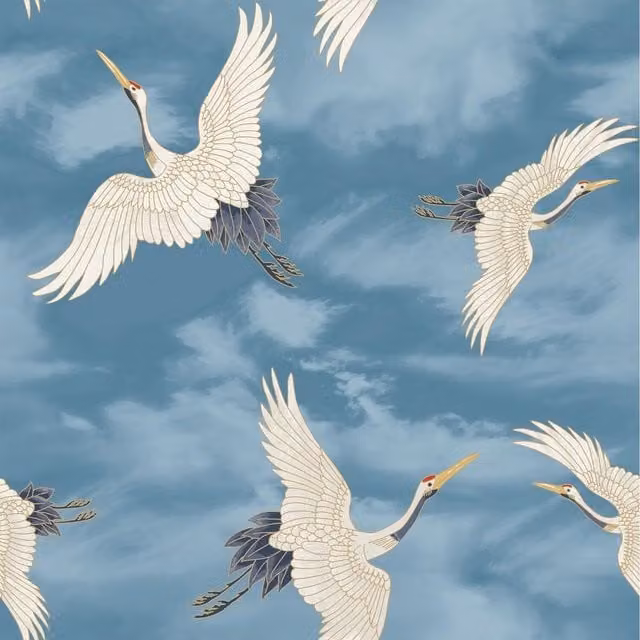 Catherine Lansfield Cranes Metallic Birds Sky Wallpaper in Blue and Gold
