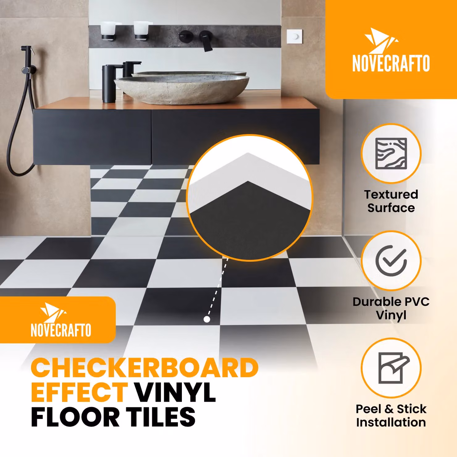 Novecrafto Self Adhesive Checkerboard Vinyl Floor Tiles, Black and White, 30 Pieces, W/D/H: 30.5 x 30.5 x 0 cm – 2