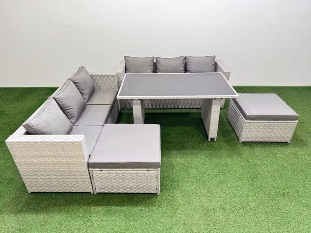 Fimous 8-Seater Patio Rectangular Table and Sofa Set with 2 Large Stools in Light Grey