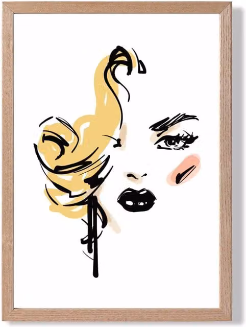 ARTZE Fashion Face Pen and Ink Sketch Framed Print, Yellow and Multicolour Abstract Illustration in an Oak Wood Frame, A3