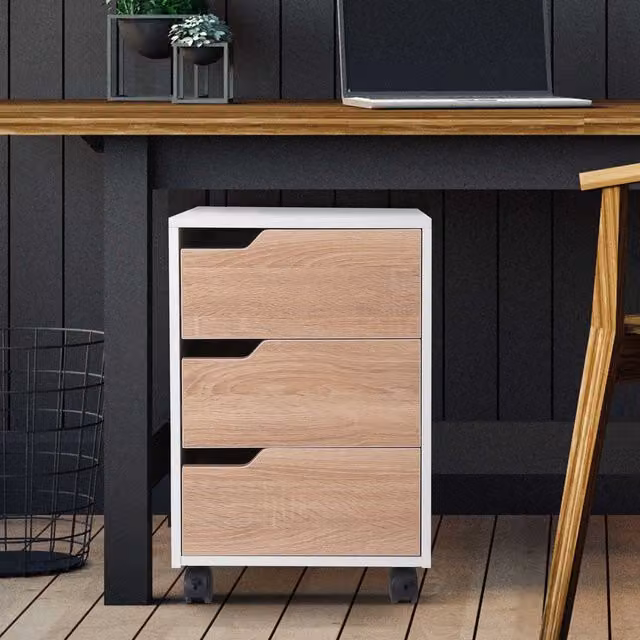 HOMCOM Mobile File Cabinet with 3 Lockable Drawers, Oak and White MDF Office Storage Unit – 1
