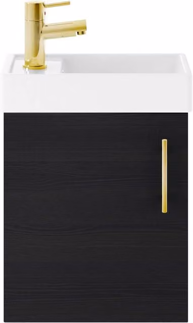 Balterley Wall Mounted Vanity Basin in Black with Brushed Brass Handle, W: 40 cm, H: 52 cm, D: 40 cm