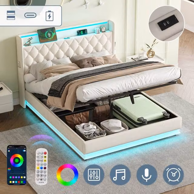 Matteo Double Upholstered Ottoman Bed in Beige with LED Under-Bed Lighting and USB Charging Port, W/D/H: 140 x 200 cm