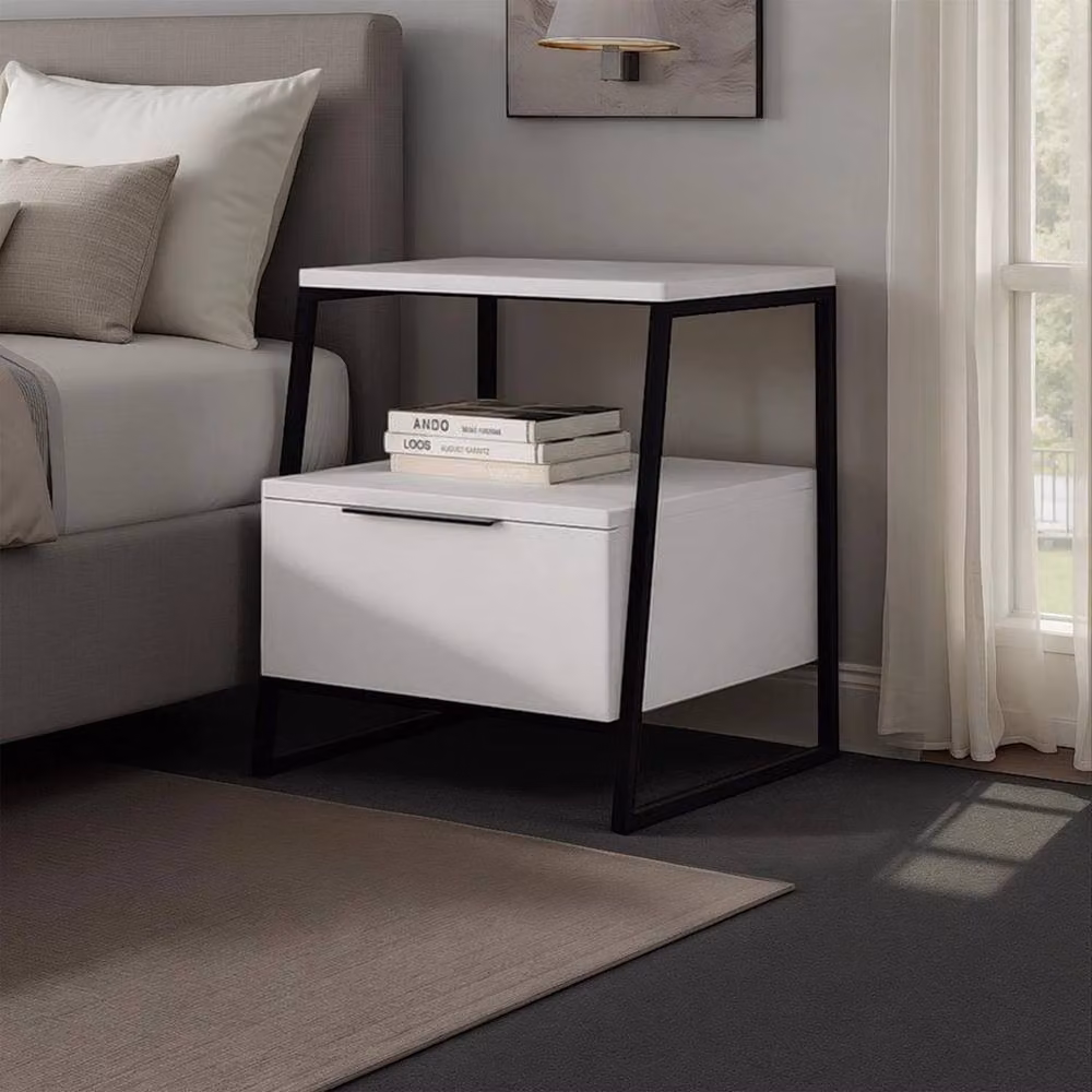 Havendro Matt White 1 Door Bedside Table with Black Metal Frame – 3