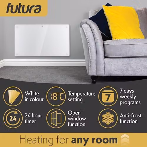 Futura 1500W White Glass Electric Convector Panel Heater, Wall Mounted or Freestanding – 3