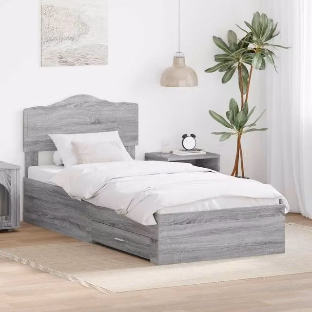 Berkfield Home Modern Bed Frame with Drawer in Grey Sonoma, Engineered Wood, W/D/H: 90 x 190 cm
