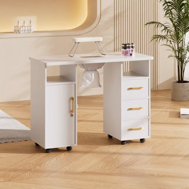 Livingandhome Mobile Manicure Table with Charging Station and Dust Collector in White and Gold