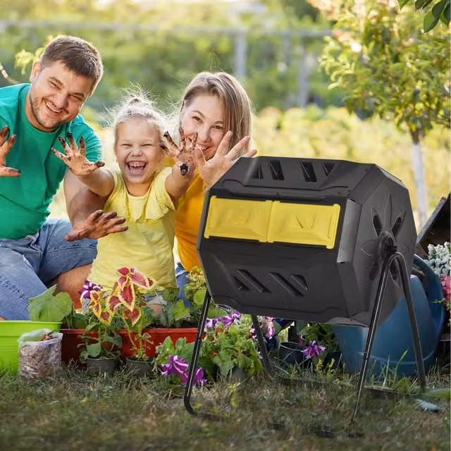 Outsunny Dual Chamber Outdoor Tumbling Compost Bin, Yellow