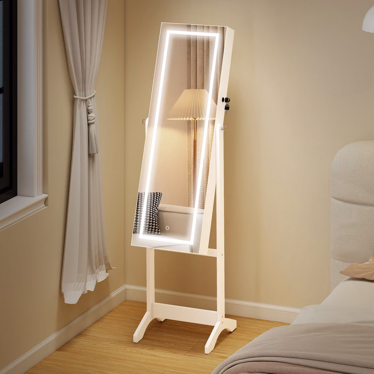 HOMCOM White Mirror Jewellery Cabinet with LED Light, Lockable Storage with Five Shelves and Three Boxes – 2