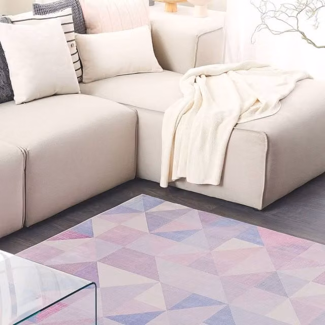 Wyld and Coco Pastel Triangle Patchwork Woven Polyester Rug in Blue, Grey and Pink, W: 160 cm, D: 230 cm – 1