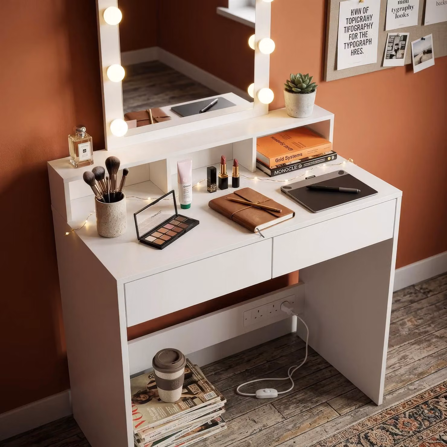Harbour Housewares Modern White Wooden Dressing Table with Hollywood LED Lights – 8