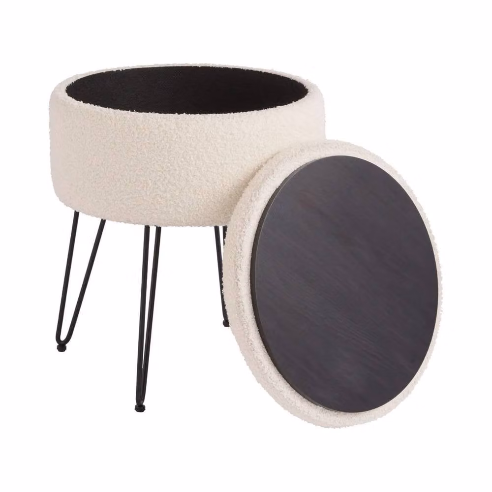 VOGREX Teddy Storage Stool in Beige Bouclé Fabric – 1