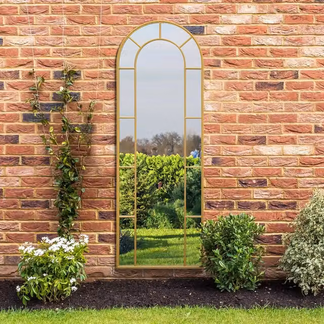 MirrorOutlet Arcus Window Framed Arch Leaner Garden Wall Mirror in Gold, Height: 170 cm