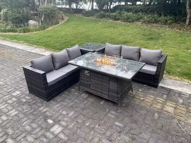 Fimous 6 Seater Outdoor Rattan Gas Fire Pit Dining Table Set with Side Table in Dark Grey