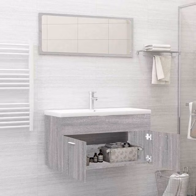 Berkfield Home Practical 2 Piece Modern Bathroom Furniture Set in Grey Matt, including Vanity Unit and Mirror Cabinet