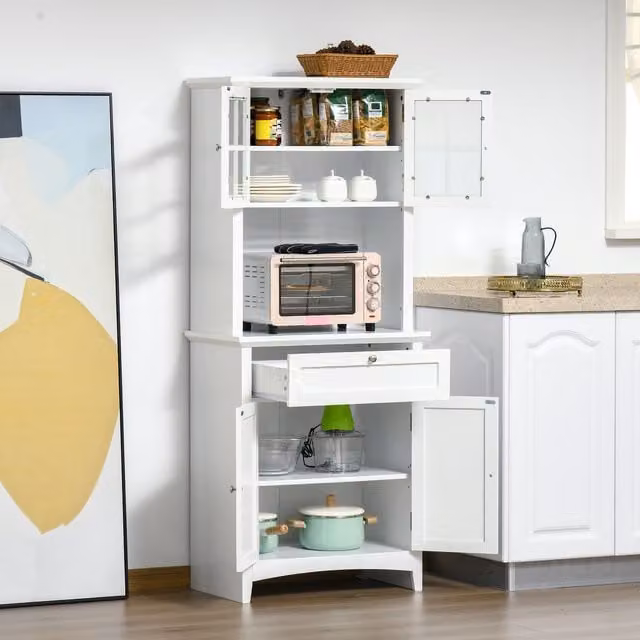 HOMCOM Modern White Wood Kitchen Cupboard with Glass Doors and Drawer
