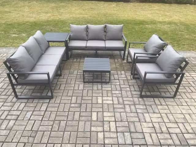 Fimous 8 Seater Aluminium Outdoor Lounge Sofa Set with Coffee Table and Side Table in Dark Grey