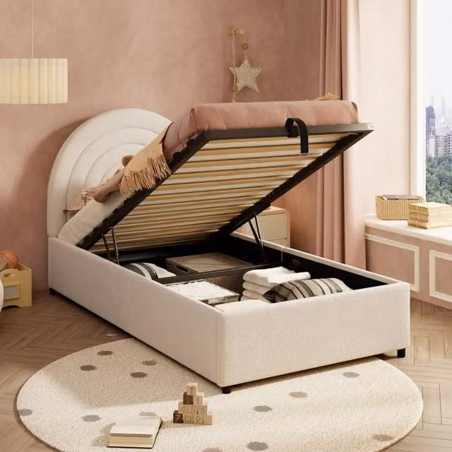BTM Single Velvet Upholstered Bed with Headboard and Lift Up Base, Beige, W/D/H: 90 x 190 cm