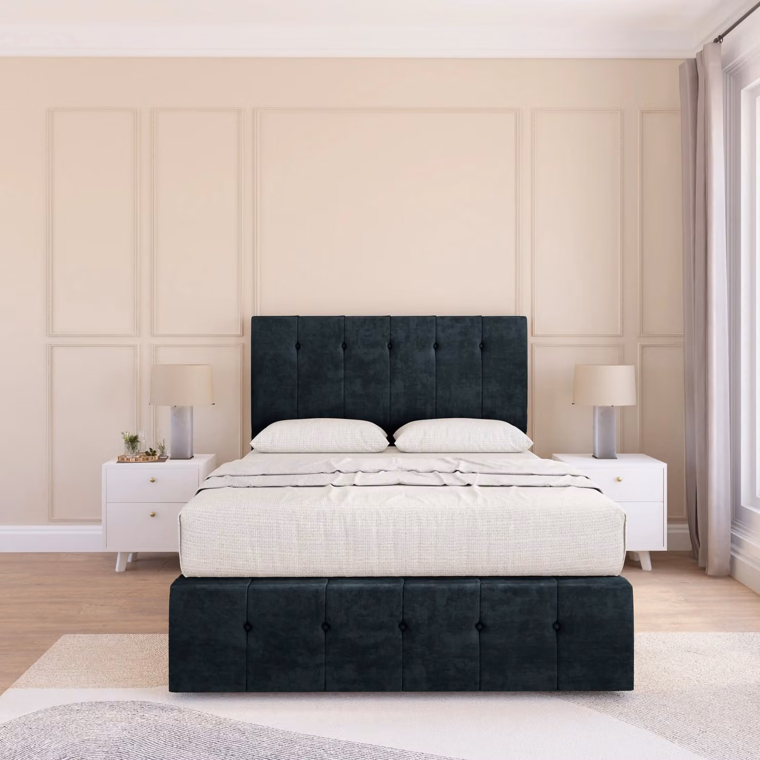 Sloomy Cambridge Chesterfield Divan Bed Base and Headboard Set, Black Velvet, W/D/H: 120 x 200 cm