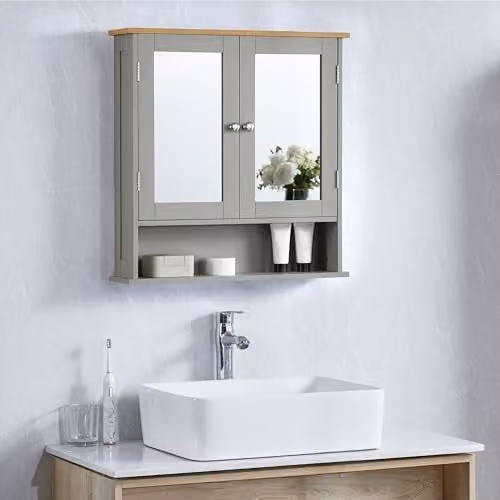 Bath Vida Priano 2 Door Mirrored Wall Cabinet with Internal Shelves, Grey, H 58 cm x W 56 cm x D 13 cm