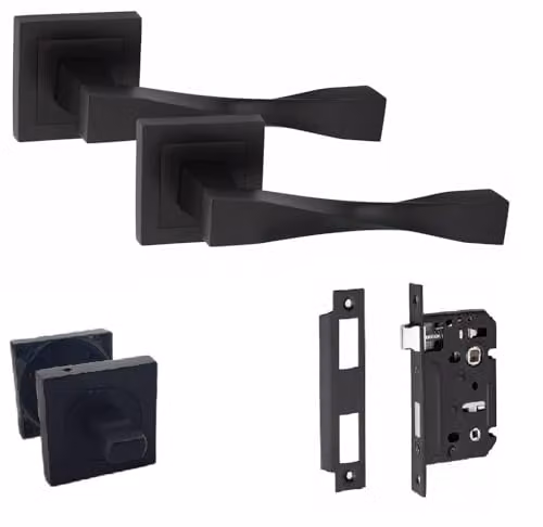 Golden Grace Astrid Straight Door Handles with Square Rose Bathroom Set in Matt Black – 1