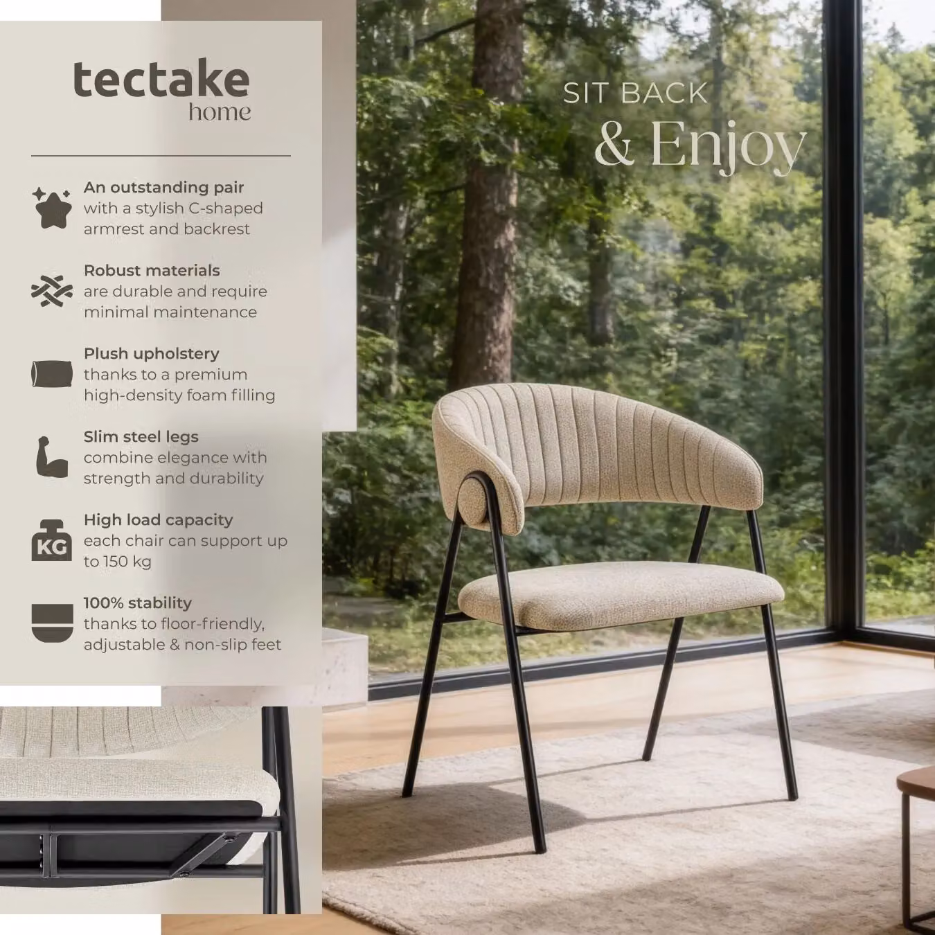 tectake Bedano Set of 2 Dining Chairs in Beige with Armrests – 2