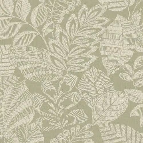 Grandeco Madou Stitched Leaves Blown Vinyl Wallpaper, Green Botanical Floral Scandinavian Design