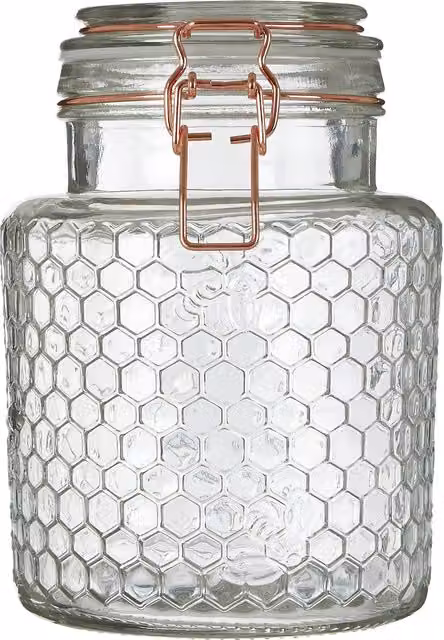 Orsina Apiary Textured Geometric Glass Jar with Metal Clip, 1.3 l, Transparent