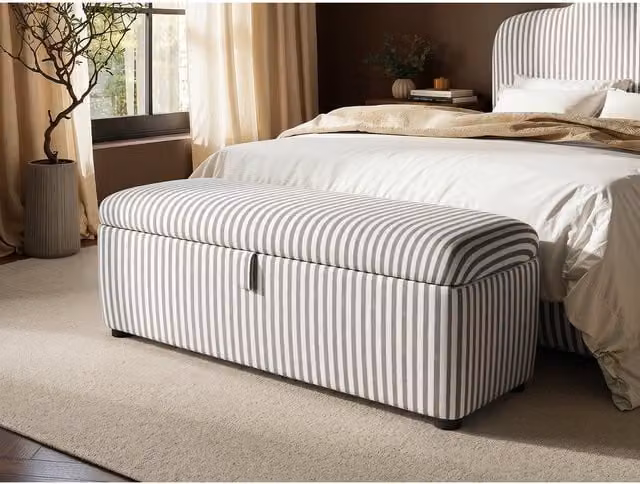 Solace+Co Modern Striped Upholstered Ottoman Blanket Box in Beige, Brown and White