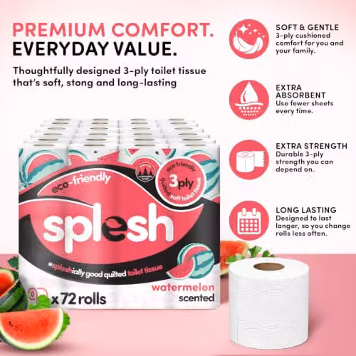 Cusheen Splesh Watermelon Scented Toilet Roll 72 Rolls, 3 Ply Quilted White Bulk Family Pack – 2