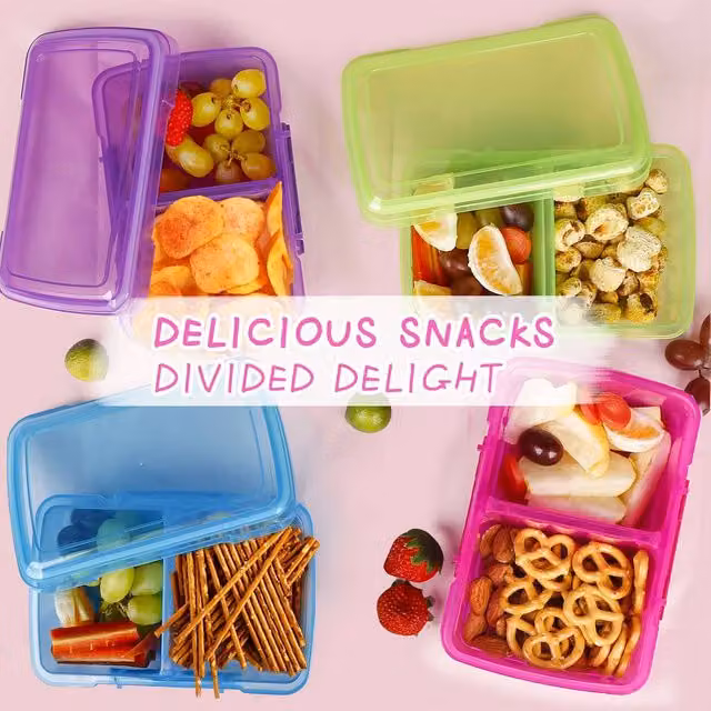 Greentainer 4-Pack Multicolour Plastic Snack Containers with 2 Compartments and Snap Lids