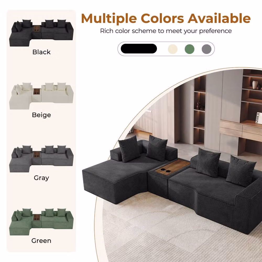 Dprodo Black Corduroy Left-Facing L-Shaped Modular Sofa with Cup Holder Table and Scatter Cushions, 320 cm – 7