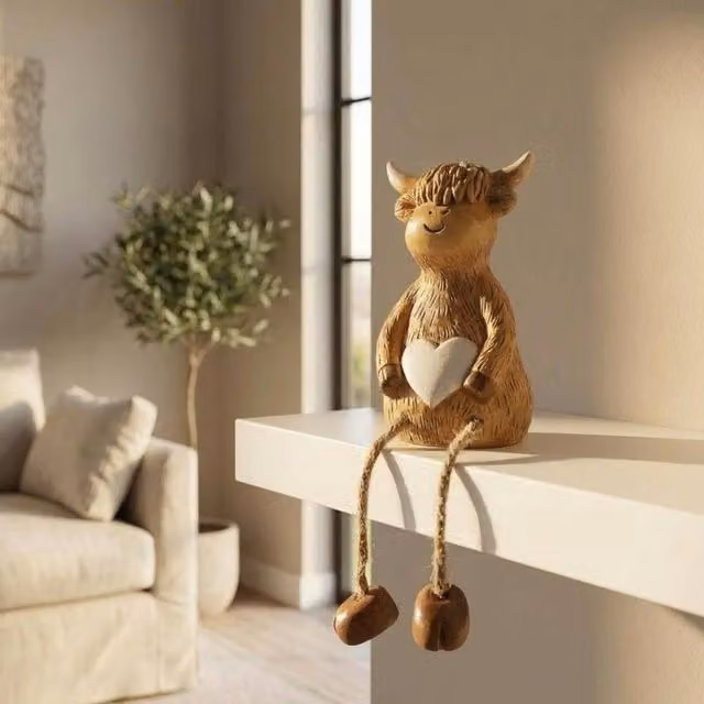 Garden Greatness Highland Cow Heart Ceramic Shelf Sitter in White, Brown and Multicolour