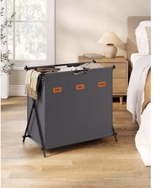 The Bazaarist 3 Compartment Foldable X Frame Laundry Sorter in Dark Grey – 1