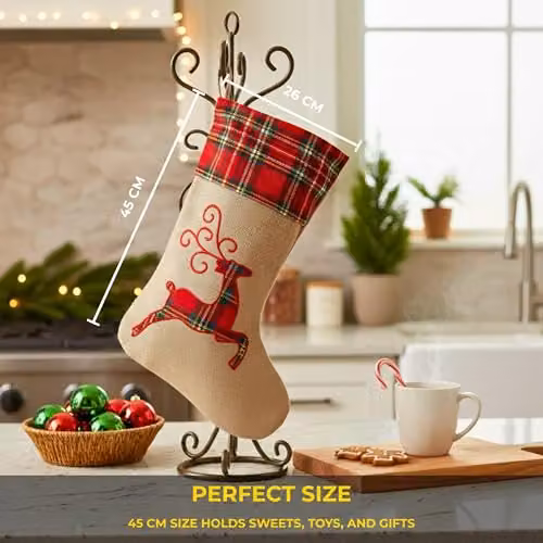 Shatchi Reindeer Christmas Stocking in Brown Burlap Hessian Linen, 45 cm – 3