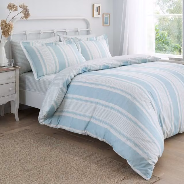 Dreams & Drapes Finlay Stripe Blue and White Reversible Duvet Cover and Pillowcase Set, W: 230 cm, D: 220 cm