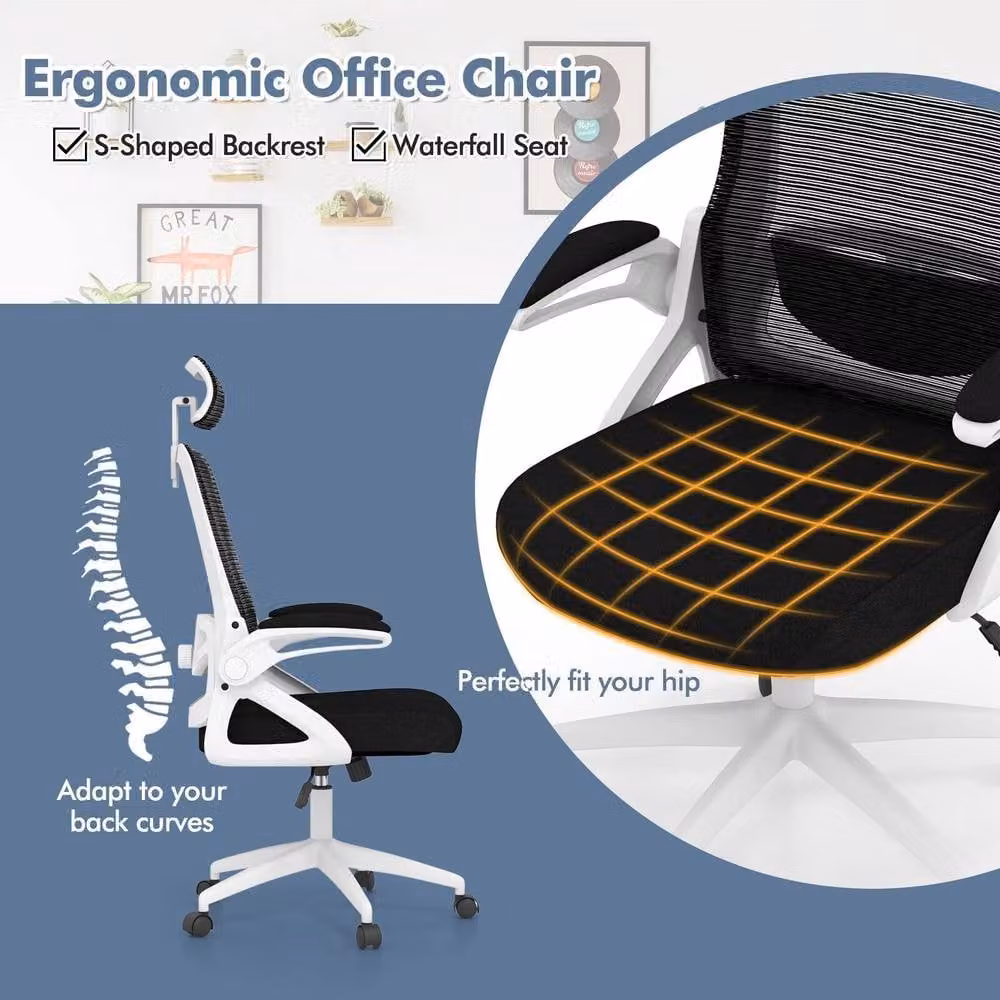 Costway White Fabric Swivel Office Chair with Headrest and Armrests – 4